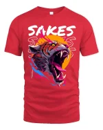 Sakes Sakes Roaring Tiger Aggressive Street Art Graphic T Shirt - red t-shirt on white background