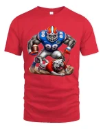 Fierce Football Power Bulldog Action Art Graphic T Shirt - red t-shirt on white background