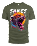 Sakes Sakes Roaring Tiger Aggressive Street Art Graphic T Shirt - military green t-shirt on white background