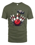 Bowling Strike Smash Power Ball Graphic T Shirt Tee - military green t-shirt on white background
