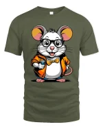 Cute Nerd Mouse Coffee Lover Cartoon Art Graphic T Shirt - military green t-shirt on white background