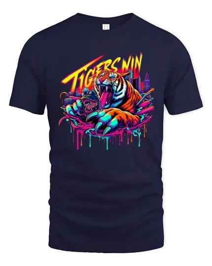 Tigers Win Neon Power City Beast Graphic T Shirt - navy t-shirt on white background