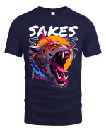 Sakes Sakes Roaring Tiger Aggressive Street Art Graphic T Shirt - navy t-shirt on white background