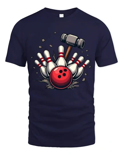 Bowling Strike Smash Power Ball Graphic T Shirt Tee - navy t-shirt on white background