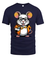 Cute Nerd Mouse Coffee Lover Cartoon Art Graphic T Shirt - navy t-shirt on white background