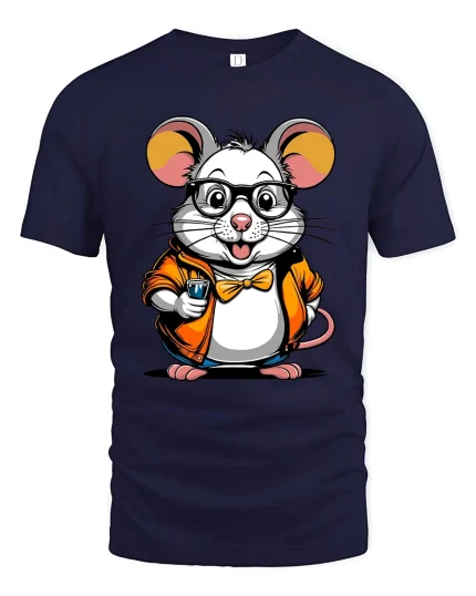 Cute Nerd Mouse Coffee Lover Cartoon Art Graphic T Shirt - navy t-shirt on white background