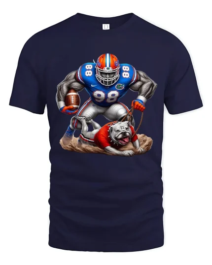 Fierce Football Power Bulldog Action Art Graphic T Shirt - navy t-shirt on white background