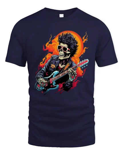 Rock Guitar Skeleton Fire Music Art Graphic T Shirt - navy t-shirt on white background