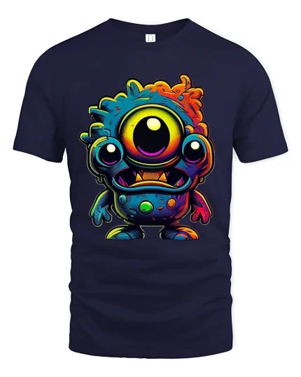 Cute One Eyed Monster Colorful Cartoon Art Graphic T Shirt - navy t-shirt on white background