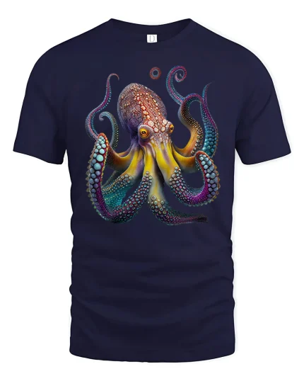 Colorful Octopus Ocean Creature Art Graphic T Shirt - navy t-shirt on white background