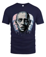 Melting Face Triple Portrait Surreal Art Graphic T Shirt - navy t-shirt on white background