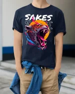 Sakes Sakes Roaring Tiger Aggressive Street Art Graphic T Shirt - model wearing navy tee with hands in pockets