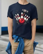 Bowling Strike Smash Power Ball Graphic T Shirt Tee - model wearing navy tee with hands in pockets