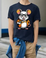 Cute Nerd Mouse Coffee Lover Cartoon Art Graphic T Shirt - model wearing navy tee with hands in pockets