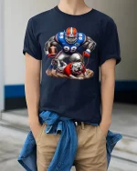 Fierce Football Power Bulldog Action Art Graphic T Shirt - model wearing navy tee with hands in pockets