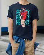 Poetry Ready Heart Rebellion Art Graphic T Shirt - model wearing navy tee with hands in pockets