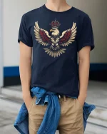 Royal Crowned Eagle Power Emblem Graphic T Shirt - model wearing navy tee with hands in pockets