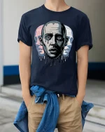 Melting Face Triple Portrait Surreal Art Graphic T Shirt - model wearing navy tee with hands in pockets