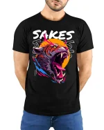 Sakes Sakes Roaring Tiger Aggressive Street Art Graphic T Shirt - model wearing black tee with hands behind back