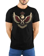 Royal Crowned Eagle Power Emblem Graphic T Shirt - model wearing black tee with hands behind back