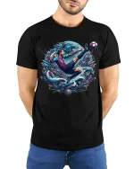 Epic Soccer Kick Action Art Graphic T Shirt Tee - model wearing black tee with hands behind back