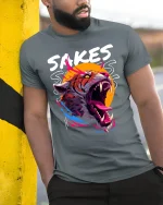 Sakes Sakes Roaring Tiger Aggressive Street Art Graphic T Shirt - model wearing grey tee, leaning on column