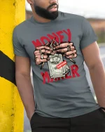 Money Maker Hustle Hands Cash Street Art Graphic T Shirt - model wearing grey tee, leaning on column