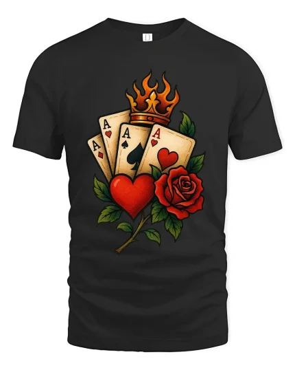 Royal Poker Ace Heart Rose Crown Graphic T Shirt - black t-shirt on white background