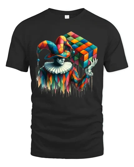 Colorful Jester Illusion Cube Surreal Art Graphic T Shirt - black t-shirt on white background