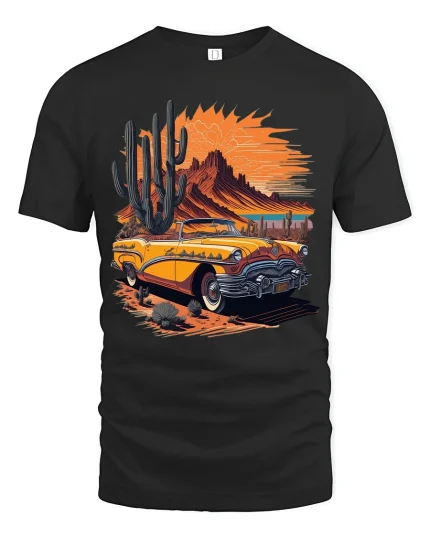 Vintage Desert Sunset Convertible Road Trip Graphic T Shirt - black t-shirt on white background