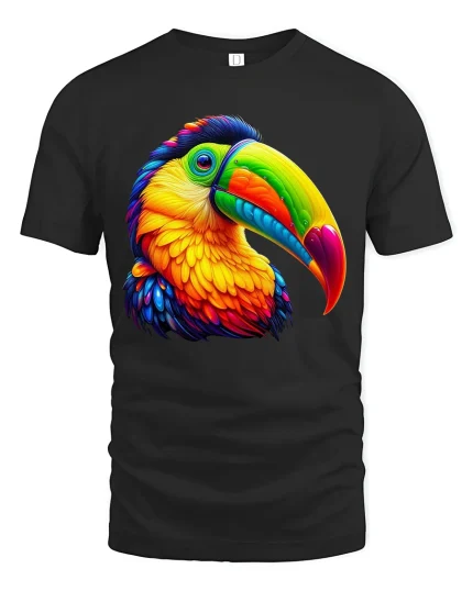 Colorful Tropical Toucan Bird Illustration Vibrant Graphic T Shirt - black t-shirt on white background