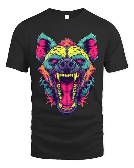 Neon Roaring Hyena Face Illustration Bold Graphic T Shirt - black t-shirt on white background