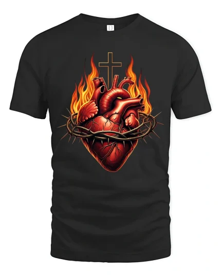 Sacred Burning Heart With Cross Faith Inspired Graphic T Shirt - black t-shirt on white background