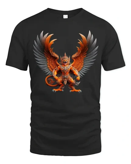 Fierce Winged Demon Warrior Fantasy Art Graphic T Shirt - black t-shirt on white background
