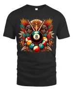 Artistic Eight Ball Owl Billiards Power Graphic T Shirt - black t-shirt on white background