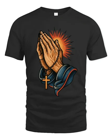 Praying Hands With Rosary Cross Faith Inspired Graphic T Shirt - black t-shirt on white background