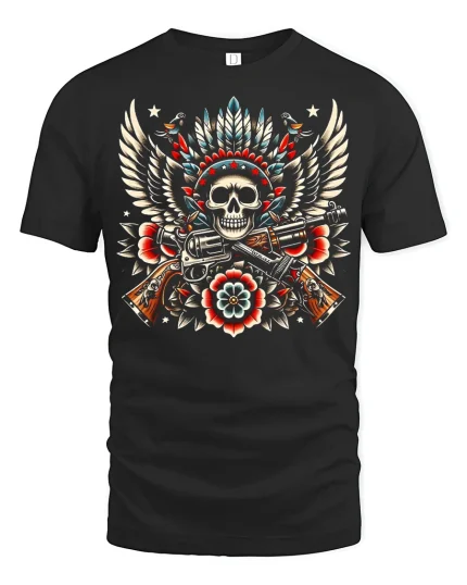 Winged Skull Revolver Tattoo Style Graphic Art T Shirt - black t-shirt on white background