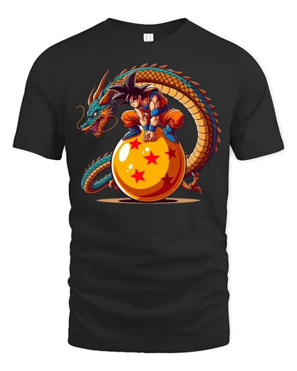 Anime Warrior Dragon Orb Fantasy Power Graphic Art T Shirt - black t-shirt on white background