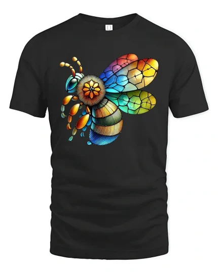 Colorful Artistic Bee Nature Illustration Graphic T Shirt Tee - black t-shirt on white background