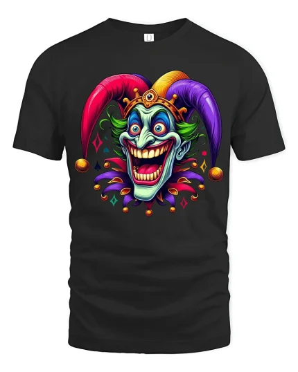 Evil Jester Clown Madness Fantasy Illustration Graphic T Shirt - black t-shirt on white background