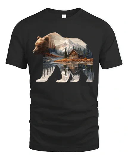 Majestic Bear Mountain Cabin Reflection Nature Graphic T Shirt - black t-shirt on white background