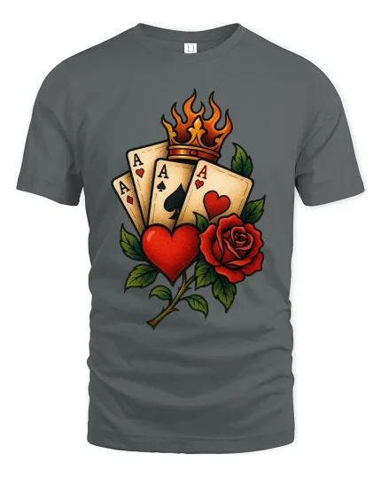 Royal Poker Ace Heart Rose Crown Graphic T Shirt - gray t-shirt on white background