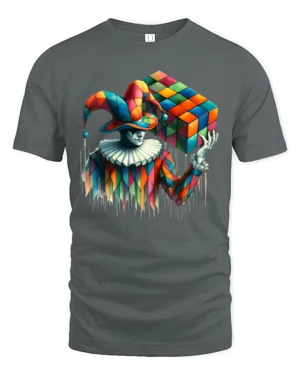 Colorful Jester Illusion Cube Surreal Art Graphic T Shirt - gray t-shirt on white background