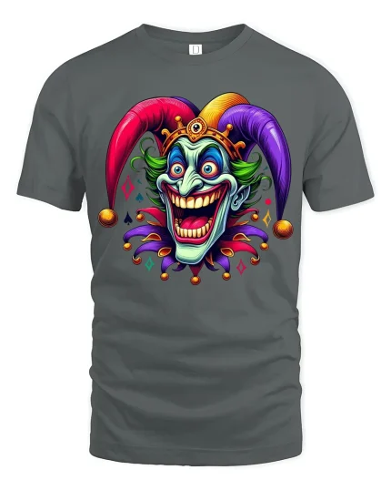 Evil Jester Clown Madness Fantasy Illustration Graphic T Shirt - gray t-shirt on white background