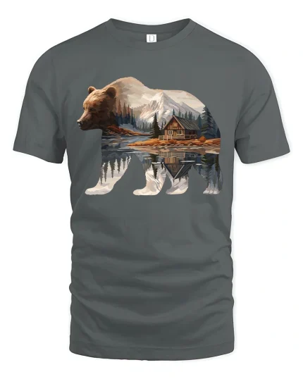 Majestic Bear Mountain Cabin Reflection Nature Graphic T Shirt - gray t-shirt on white background