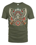 Winged Skull Revolver Tattoo Style Graphic Art T Shirt - military green t-shirt on white background