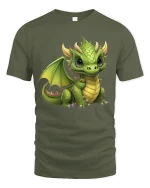 Cute Baby Dragon Fantasy Art Graphic T Shirt Tee - military green t-shirt on white background