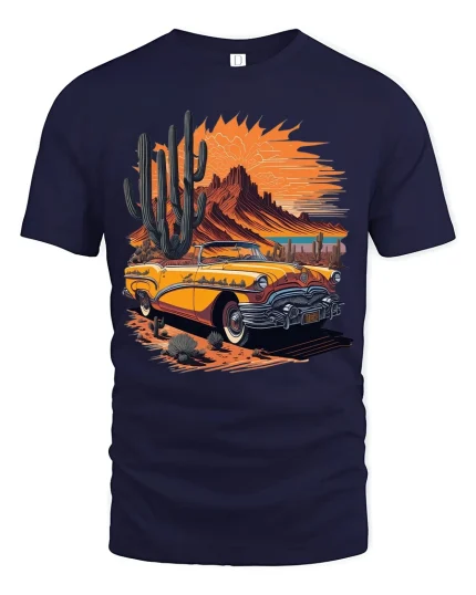 Vintage Desert Sunset Convertible Road Trip Graphic T Shirt - navy t-shirt on white background