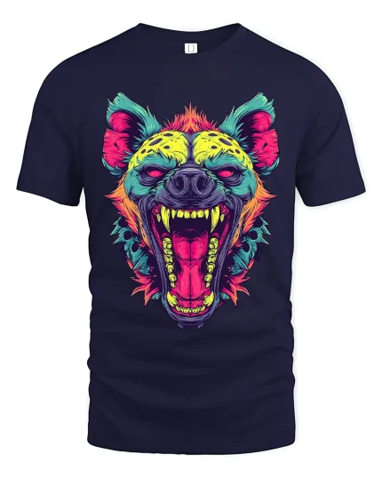Neon Roaring Hyena Face Illustration Bold Graphic T Shirt - navy t-shirt on white background