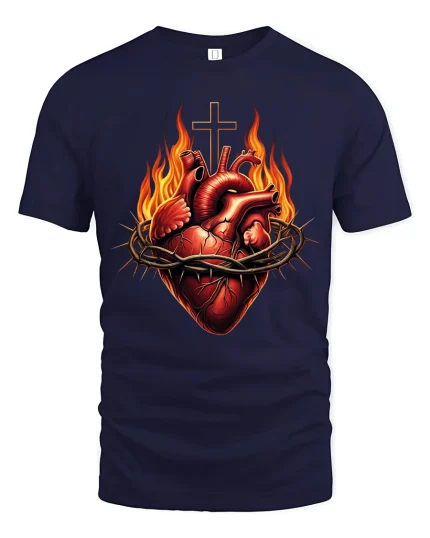 Sacred Burning Heart With Cross Faith Inspired Graphic T Shirt - navy t-shirt on white background